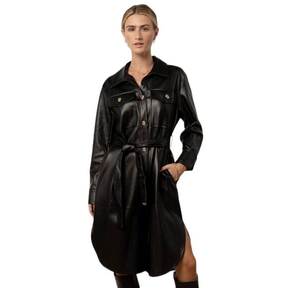 Bohme Black Vegan Leather Button Front Corpcore Goth Fall Midi Dress Jacket - Picture 1 of 13